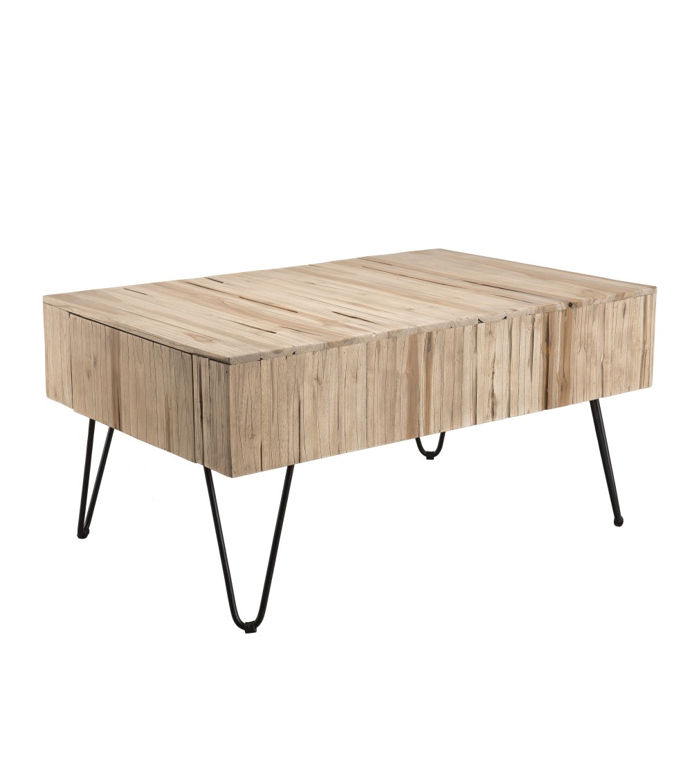 Mesa de centro rectangular en madera de teca reciclada y patas de metal