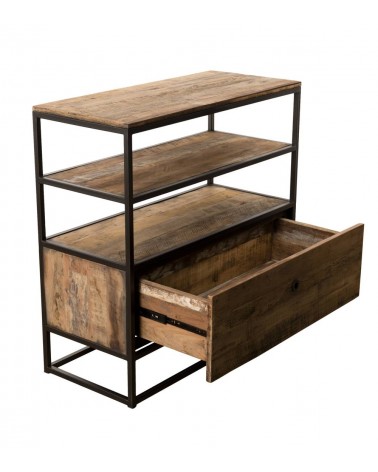 Estantería baja con cajón, en madera de teca, acacia y caoba reciclada, en  estructura de metal