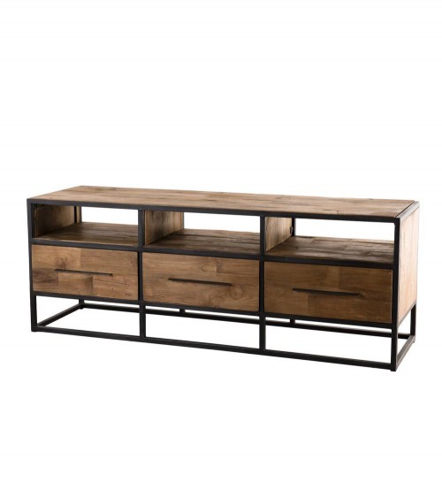vertical Hornear S t Mueble para tv con cajones y estantes abiertos, en madera de teca reciclada  y estructura de metal