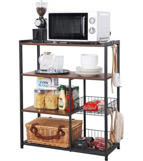 Mueble auxiliar para cocina con estante microondas, con 2 cestas malla metálica, y