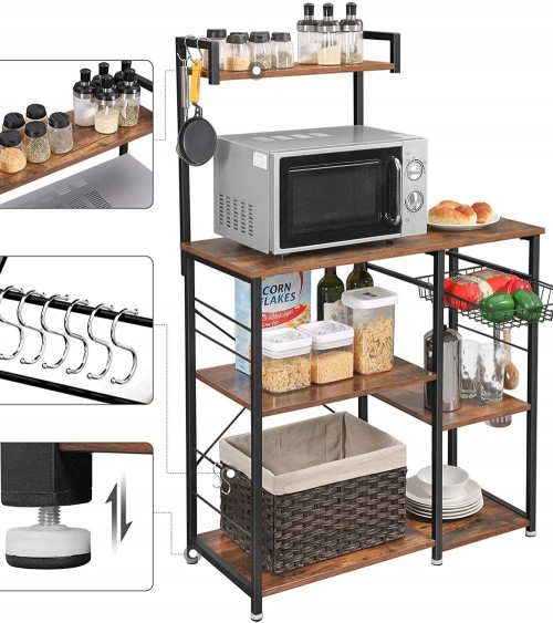 Mueble de cocina para microondas con cesta de alambre, 6 ganchos y  organizador de especias