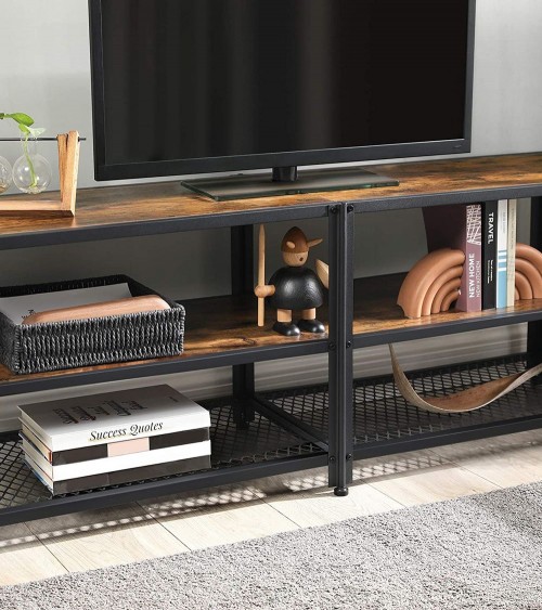 VASAGLE Mueble de TV Mesa de TV para Televisores de hasta 70 Pulgadas Ancho  160 cm con Estantes de Almacenamiento Marco de Acero para Salón Dormitorio  Marrón Rústico y Negro MLTV095B01