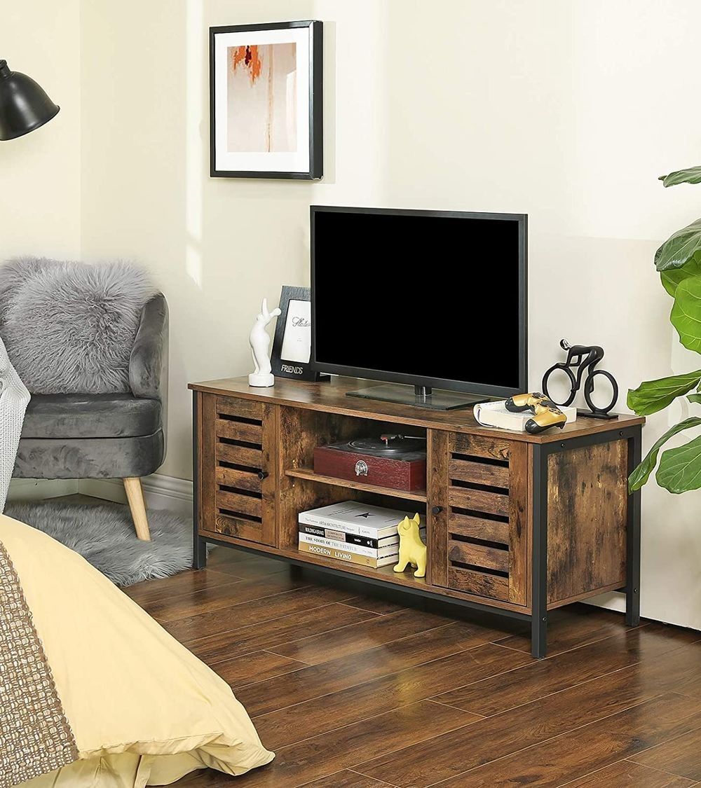 Mueble para TV con estantes abiertos y 2 puertas, de eco madera y madera  sólida