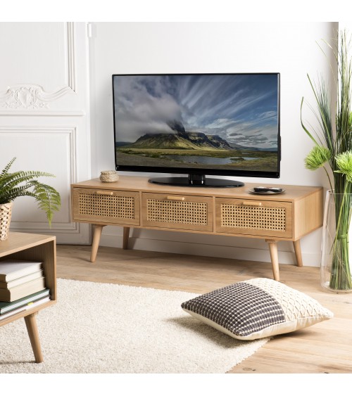 Mueble para TV color natural con 3 cajones rejilla